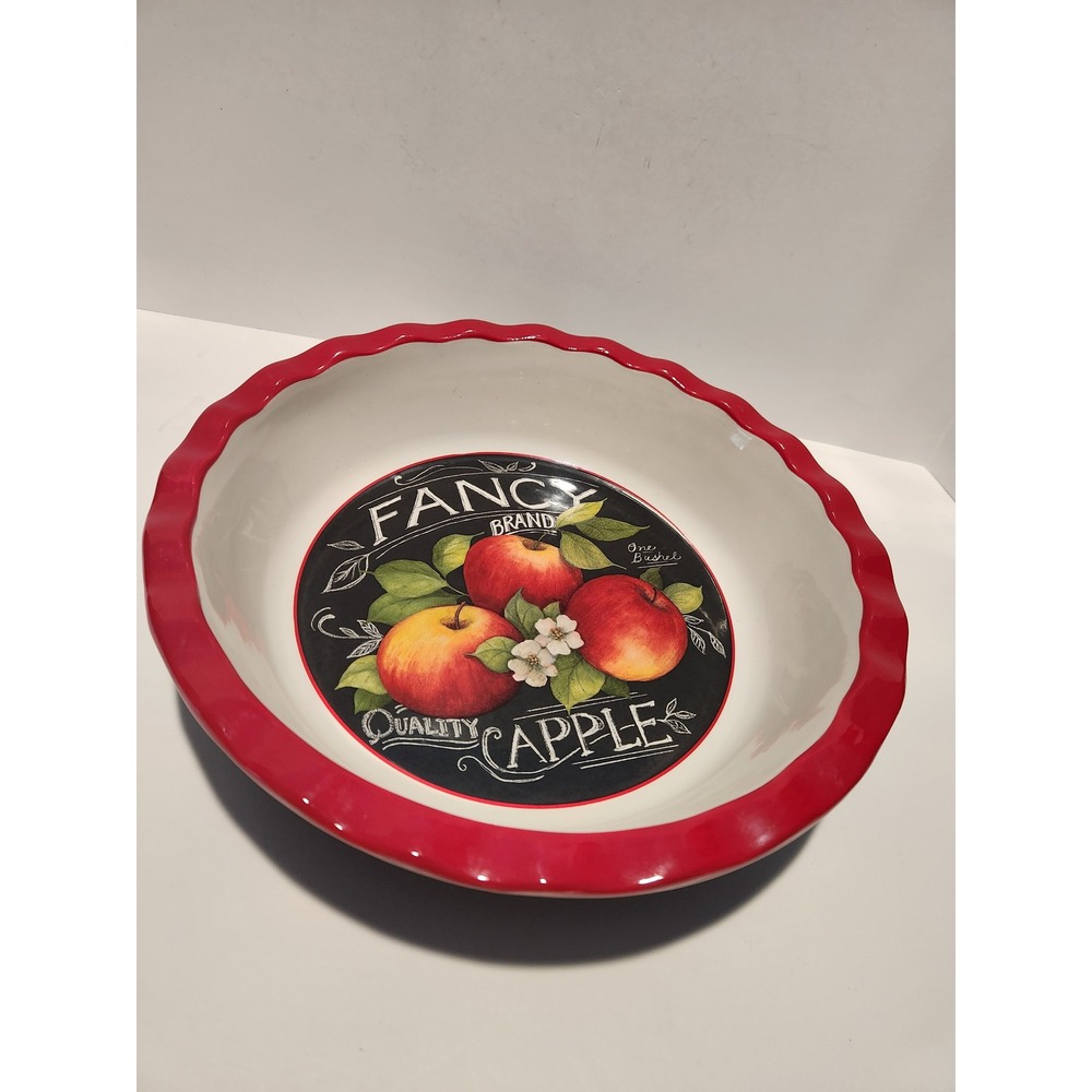 Cracker Barrel Fancy Brand Apple Ceramic Pie Dish Red Ruffled Rim Black 10.5 in